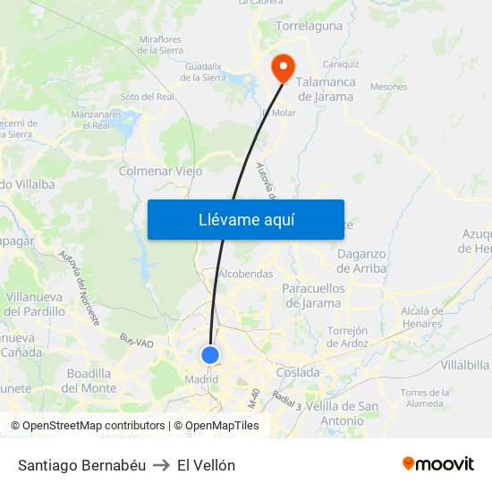 Santiago Bernabéu to El Vellón map