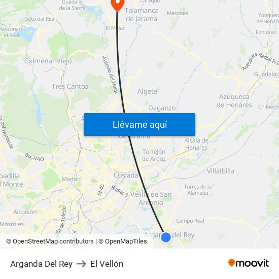 Arganda Del Rey to El Vellón map