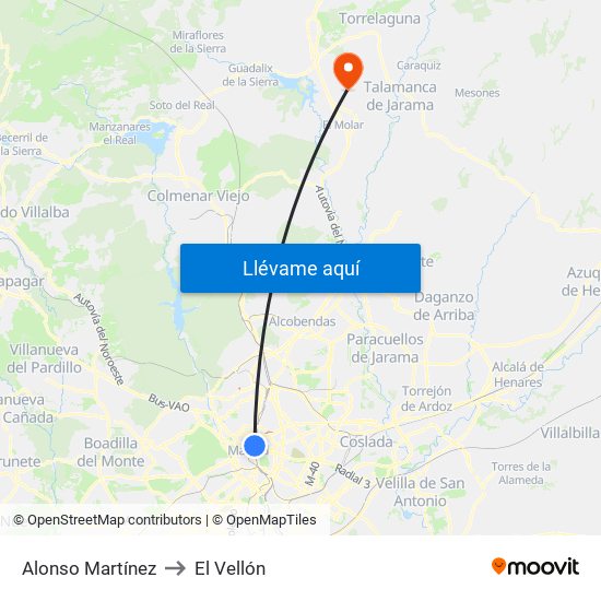 Alonso Martínez to El Vellón map