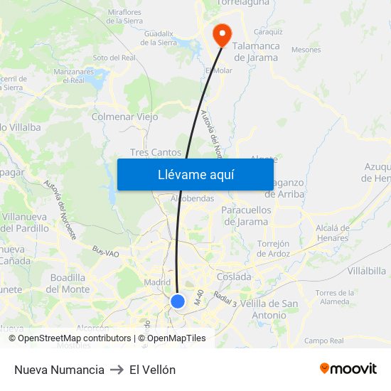 Nueva Numancia to El Vellón map