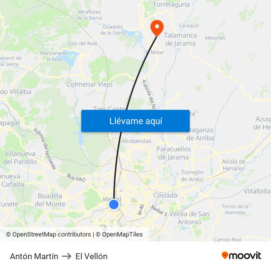 Antón Martín to El Vellón map
