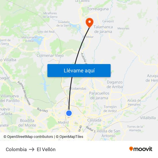 Colombia to El Vellón map