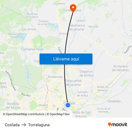 Coslada to Torrelaguna map