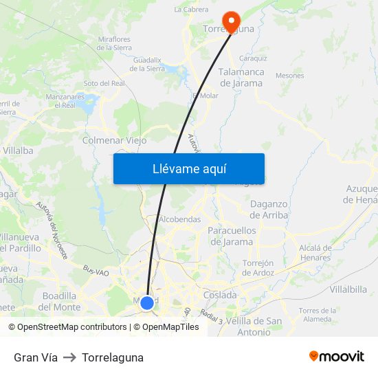 Gran Vía to Torrelaguna map