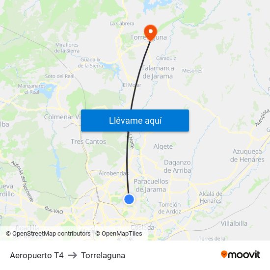 Aeropuerto T4 to Torrelaguna map