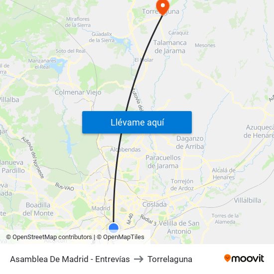 Asamblea De Madrid - Entrevías to Torrelaguna map