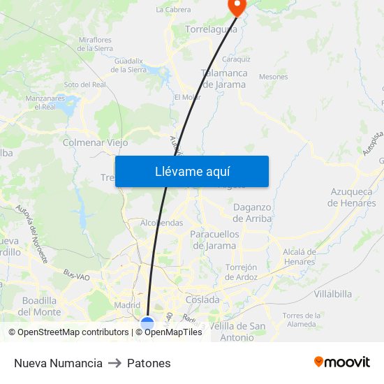 Nueva Numancia to Patones map