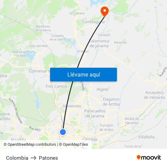 Colombia to Patones map