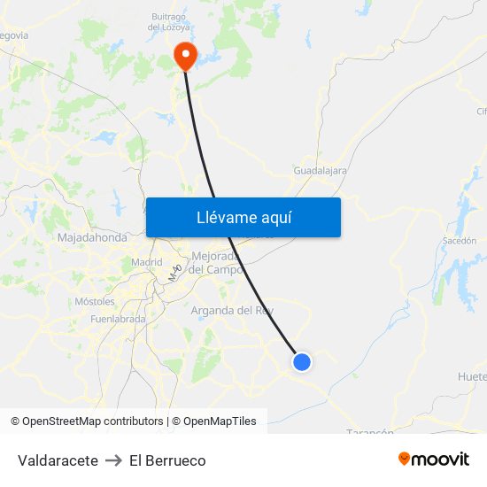 Valdaracete to El Berrueco map