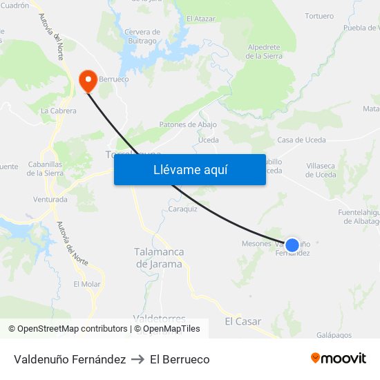 Valdenuño Fernández to El Berrueco map