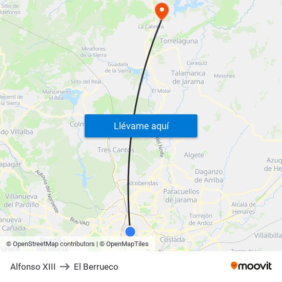 Alfonso XIII to El Berrueco map