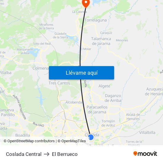 Coslada Central to El Berrueco map