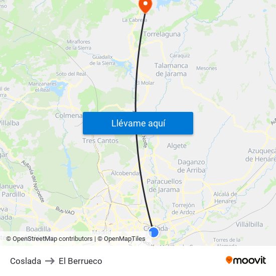 Coslada to El Berrueco map