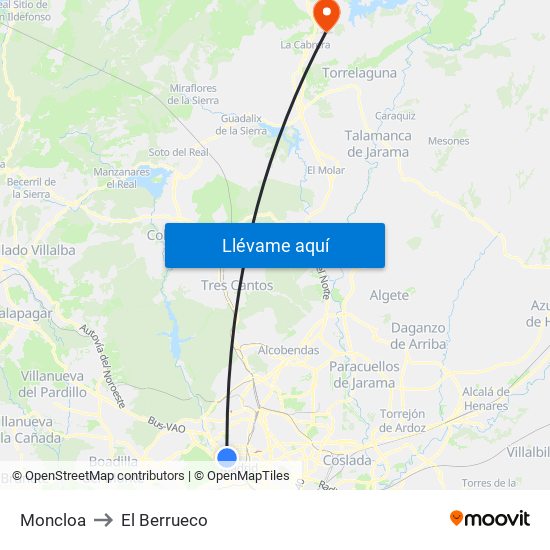Moncloa to El Berrueco map