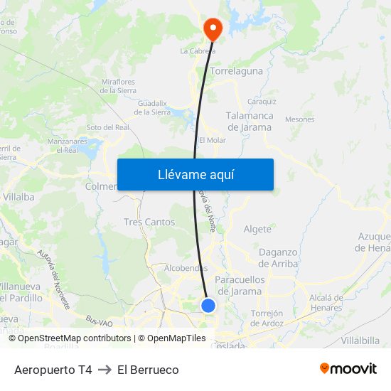 Aeropuerto T4 to El Berrueco map