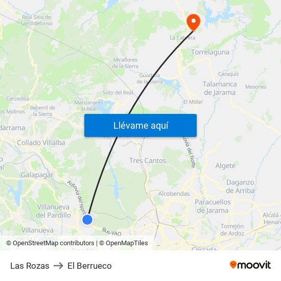 Las Rozas to El Berrueco map