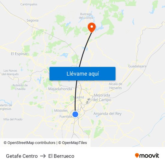 Getafe Centro to El Berrueco map