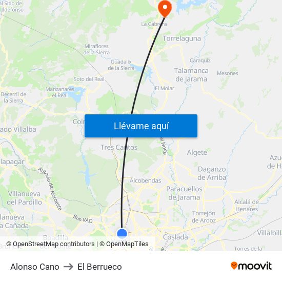 Alonso Cano to El Berrueco map