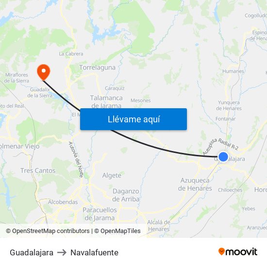 Guadalajara to Navalafuente map