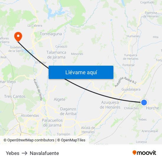 Yebes to Navalafuente map
