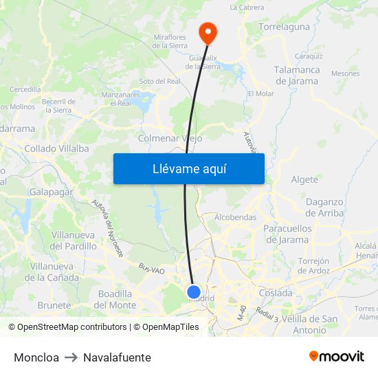 Moncloa to Navalafuente map