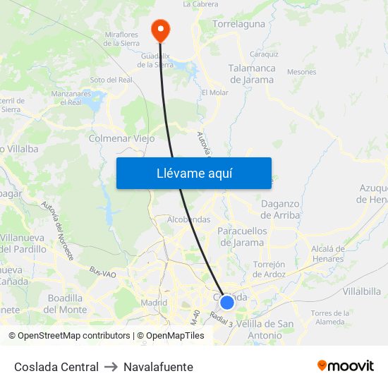 Coslada Central to Navalafuente map
