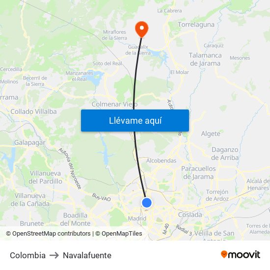 Colombia to Navalafuente map