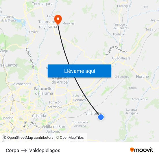 Corpa to Valdepiélagos map