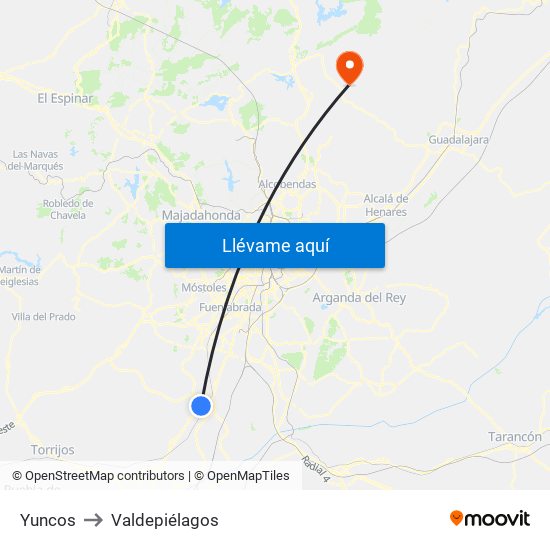 Yuncos to Valdepiélagos map