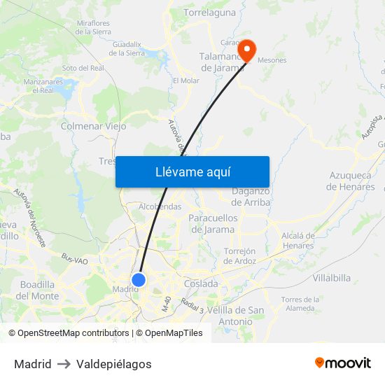 Madrid to Valdepiélagos map
