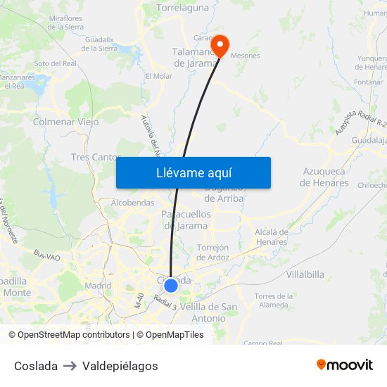 Coslada to Valdepiélagos map