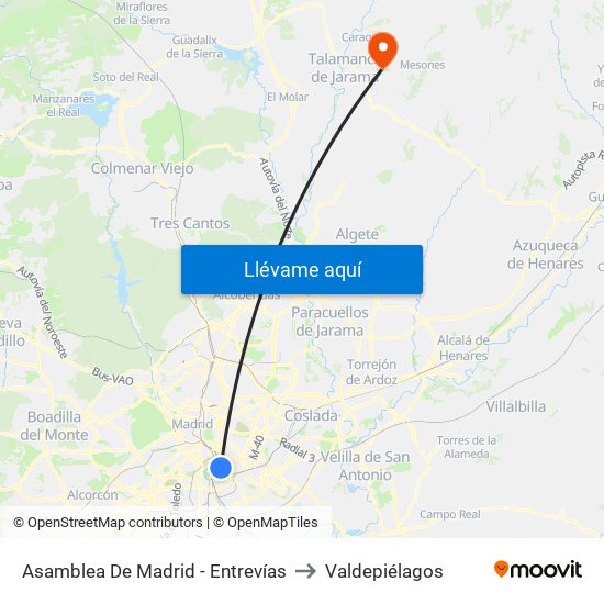 Asamblea De Madrid - Entrevías to Valdepiélagos map