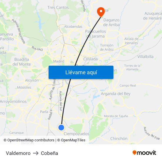 Valdemoro to Cobeña map