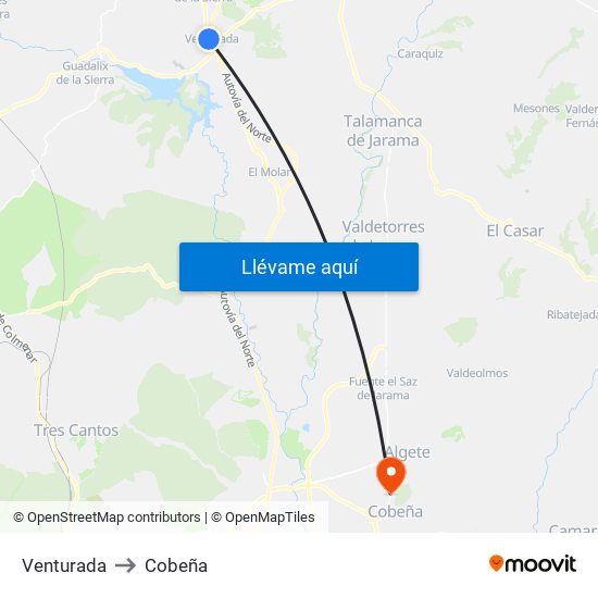 Venturada to Cobeña map