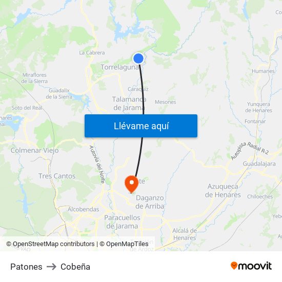 Patones to Cobeña map