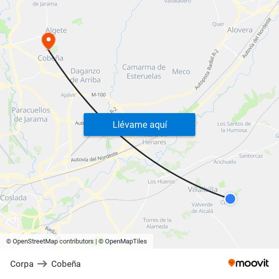 Corpa to Cobeña map