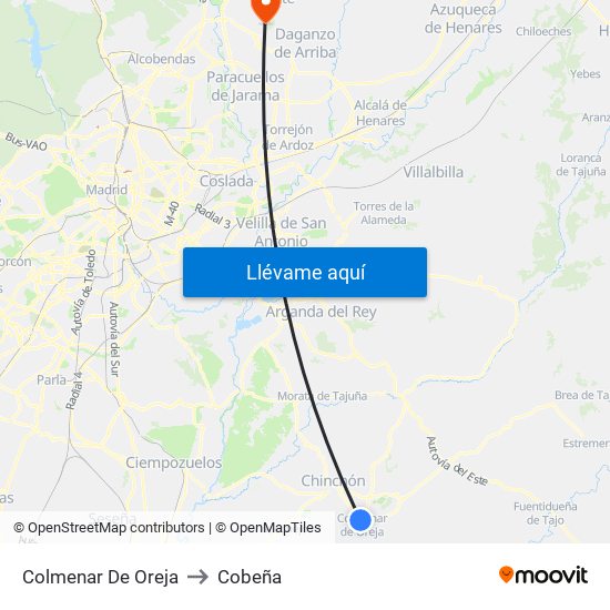Colmenar De Oreja to Cobeña map