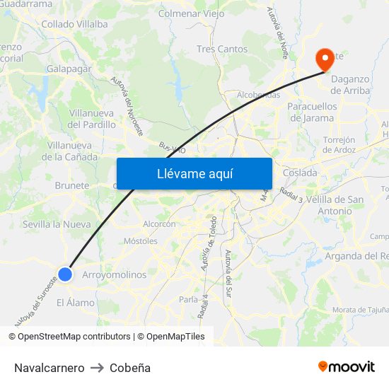Navalcarnero to Cobeña map