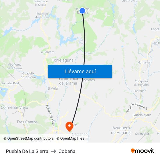 Puebla De La Sierra to Cobeña map