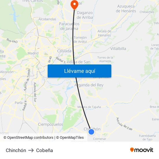 Chinchón to Cobeña map