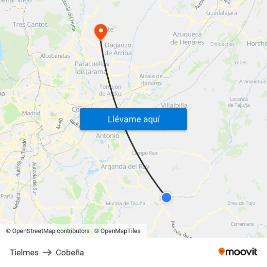 Tielmes to Cobeña map