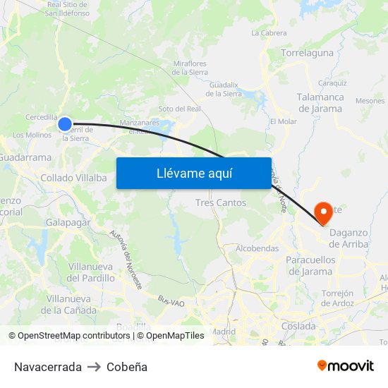 Navacerrada to Cobeña map