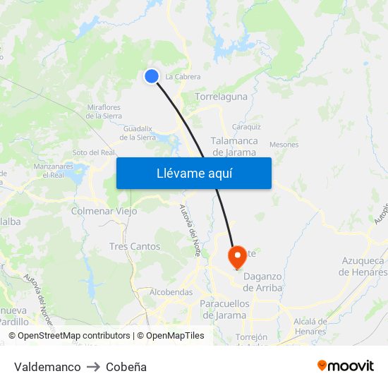 Valdemanco to Cobeña map