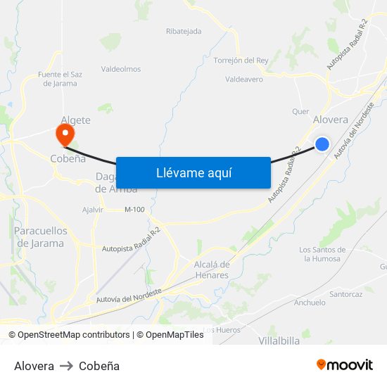 Alovera to Cobeña map