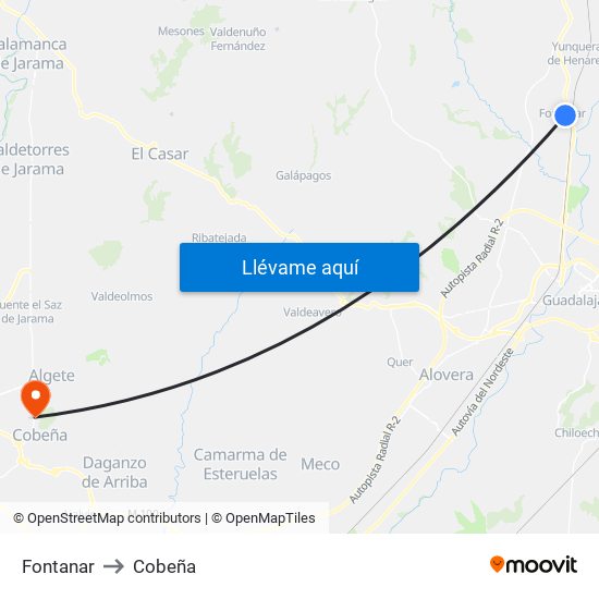 Fontanar to Cobeña map