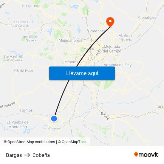 Bargas to Cobeña map