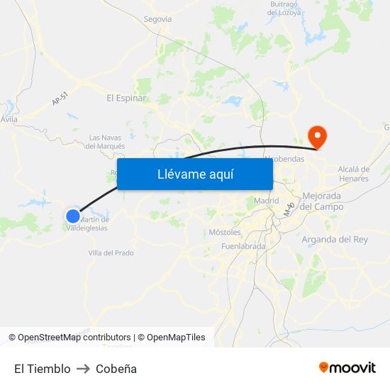 El Tiemblo to Cobeña map