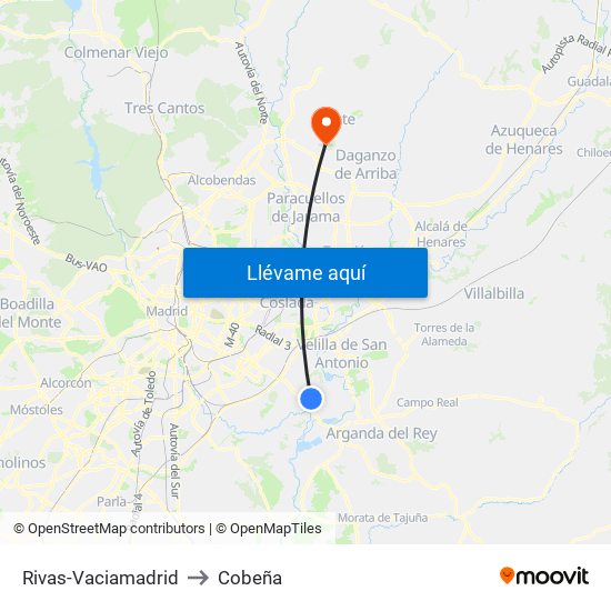 Rivas-Vaciamadrid to Cobeña map