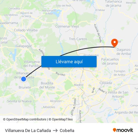 Villanueva De La Cañada to Cobeña map