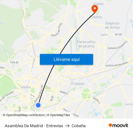 Asamblea De Madrid - Entrevías to Cobeña map